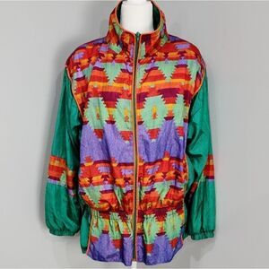 Vintage 80s 90s Colorful Western Aztec Windbreaker Zip Up Jacket Nylon Size M
